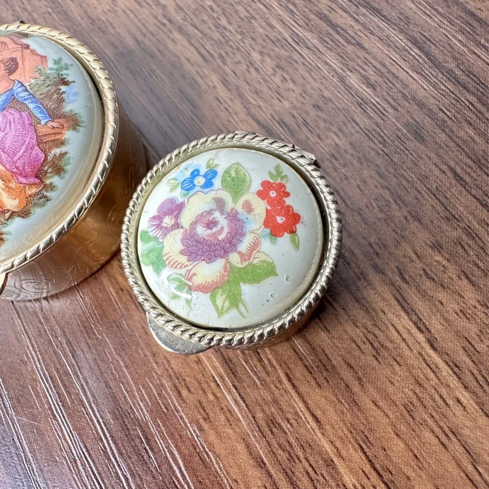 Vintage‎ Fragonard Courting Scene and Floral Gold Tone Pill Trinket Box Set of 2
